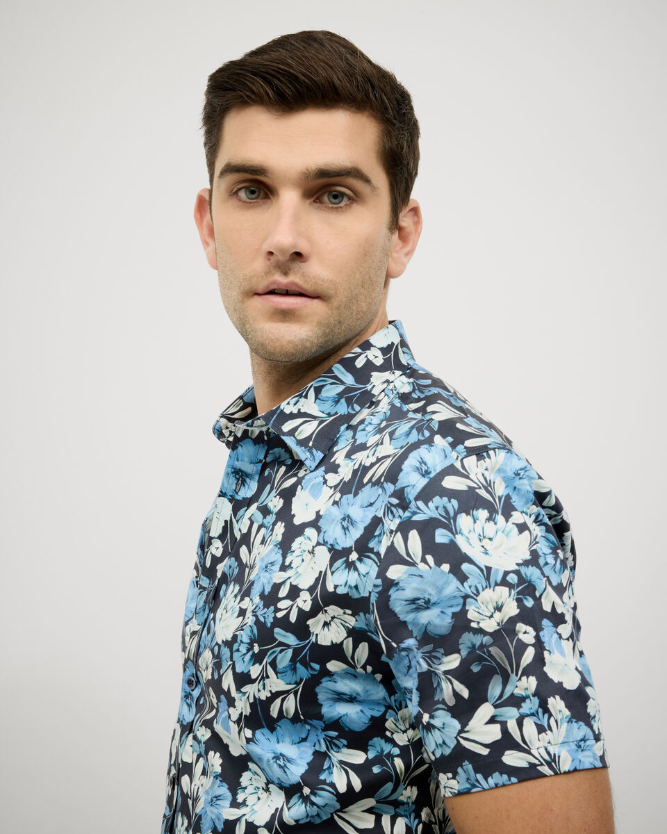 Painted Floral Short Sleeve Shirt, Blue, hi-res